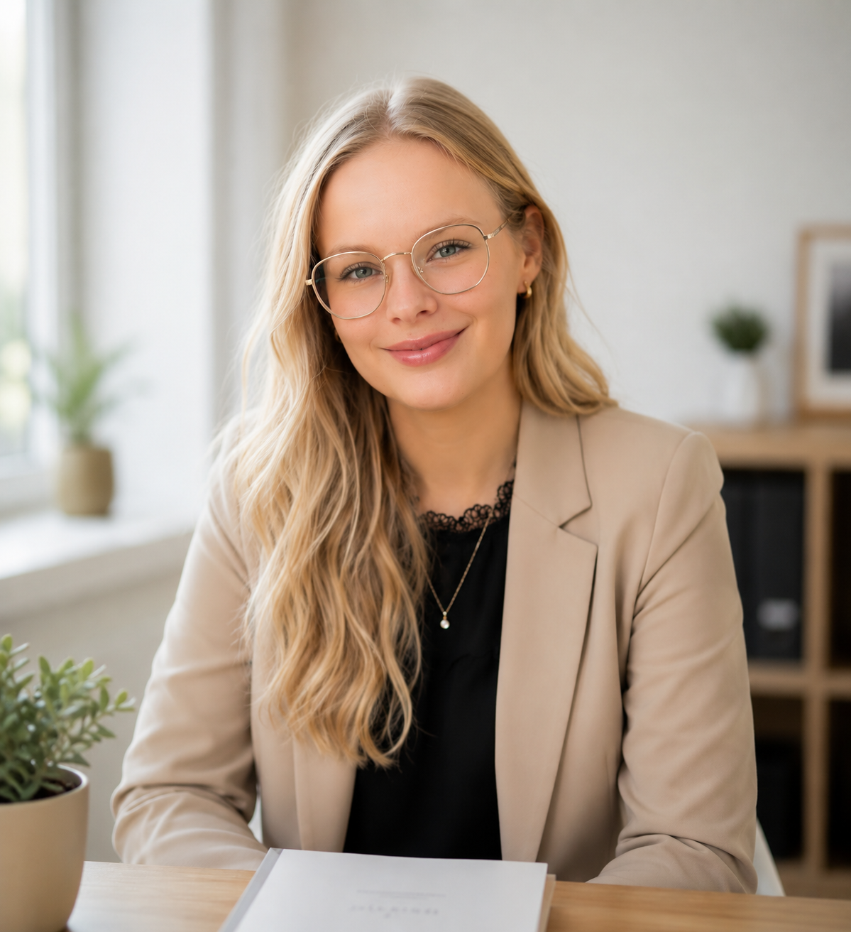 Porträtt av jurist Evelina Johansson vid ett ljust skrivbord.