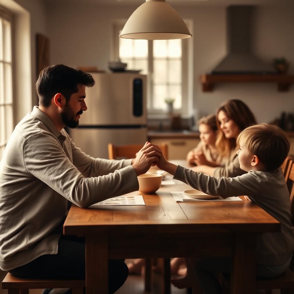 Familj som håller varandras händer vid ett köksbord
